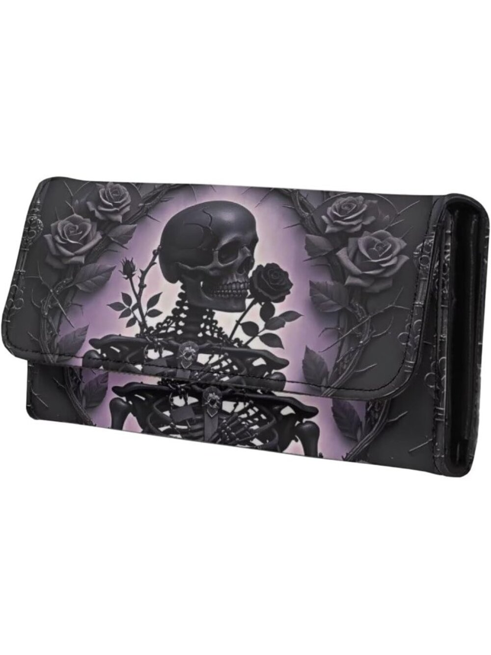 🎃Women's Skeleton Rose Purse Black Leather Slim Wallet Long Trifold Purse